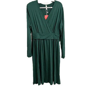 Weaczzy Women Dark Green Dress V-Neck Long Sleeve Pockets Large NWT